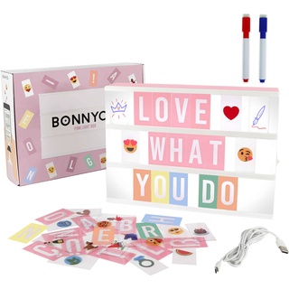 BONNYCO Light Box Rosa A4 mit 400 Buchstaben, Emojis, 2 Stifte, USB Ä Ö Ü ß | Pink Led Lightbox Buchstaben Geschenk für Frauen, Mädchen | Lichtbox mit Buchstaben Schlafzimmer Wohnzimmer Deko