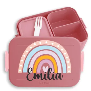 Shirtracer Mepal Lunchbox Kinder personalisiert Regenbogen Herzchen | Rosa, 900 ml, Bunt, Wolken, Brotdose, Midi, Schule, Snackbox, Vesperbox, Vesperdose, Jausenbox, Farbenfroh, mit Fächern