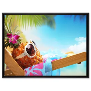 Pixxprint Ananas Macht Urlaub Leinwandbild 80x60 cm im Bilderahmen, Wandbild, Schattenfugenrahmen, Kein Poster