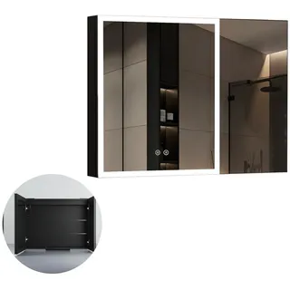 WDWRITTI Spiegelschrank Alu Badezimmer Schrank LED Spiegelschrank 3Lichtmodi dimmbar (Badezimmerspiegelschrank Schwarz matt 2-türig, 80x12,5x60cm) Doppelspiegel, vormontiert geliefert schwarz