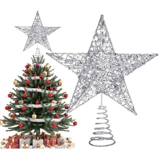 Weihnachtsbaum Stern Topper, Christmas Tree Star, Weihnachtsdeko Baumspitze, Weihnachtsdeko Baumspitze, Metall Christbaumspitze, für Weihnachtsbaumspitze Dekoration, 20 cm, Silber