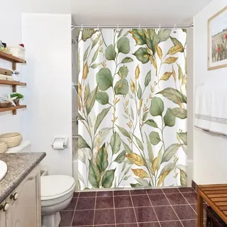 Uiiooazy Duschvorhang 150x200cm, Duschvorhang Anti Schimmel Grün Gold Blätter Eukalyptus Pflanzenmotiv Duschvorhänge Stoff Waschbar Wasserdicht Polyester Bad Vorhang mit 10 Haken für Badezimmer
