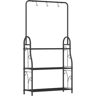 MODFU Pflanzenständer Metall Schwarz 75x25x137 cm 3 Etagen mit Hängestange und 3 Haken pulverbeschichtet rostbeständig für Innen und Außen