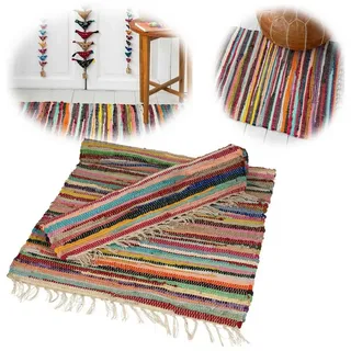 LS-LebenStil Läufer Fleckerlteppich Dehli 90x60cm Bunter Flickenteppich Baumwolle Boho, rechteckig, mit Fransen Vorleger für Wohnzimmer Flur Kinderzimmer Badezimmer bunt