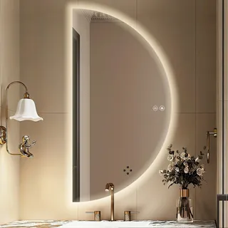 Asymmetrischer Badezimmer Wandspiegel, 120x60cm Badspiegel Mit Beleuchtung, Groß Halbrunder Spiegel mit LED Licht, 3 Farben Dimmbar, Touch Schalter, Beschlagfrei, Gehärtetes Glas, Memory, IP66(Left)