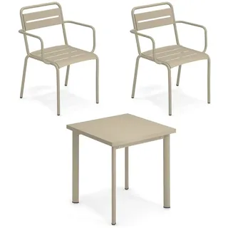 Emu - Star Outdoor Tisch 70 x 70 cm + Armlehnstuhl (2er-Set), taupe