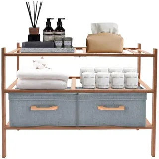 QUIOTUIR 3 Regalböden Standregal aus Bambus 68.6x28x50cm Küchenregal Belastbarkeit 15kg Badregal Rectangle Holzfarbe Küchenregal Stehend für Bad, Wohnzimmer, Flur, Küche, Balkon