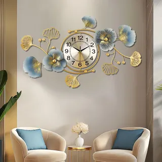 Lafocuse Groß Wanduhr Gold Metall, 83x48cm Lautlos Wanduhr Modern, Kreative Ginkgo Biloba Dekoration, Ohne Ticken Kunst Deko für Wohnzimmer Schlafzimmer Küche