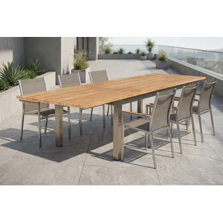 STERN Cardiff Garten-Essgruppe, silber/taupe, Edelstahl/Teak, Tisch 220/340 x 100 cm, 6 Stapelsessel, FSC®-zertifiziertes Produkt