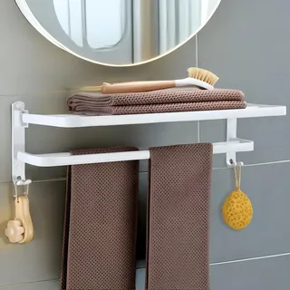 yozhch Weißer Handtuchhalter Ohne Bohren, Selbstklebender Badetuchhalter, 90° Klappbarer Handtuchstange mit Ablage, Wandmontage Doppelt Handtuchhalt für Badezimmer (38 cm)