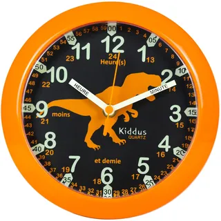Kiddus Wanduhr Kinder & Lernuhr, 20cm Uhr für Kinderzimmer, Jungen & Mädchen, Lautlos ohne Ticken, Markierte Zeiger (Stunde & Minute), Pädagogisches Design - 03 Dino FR 20cm