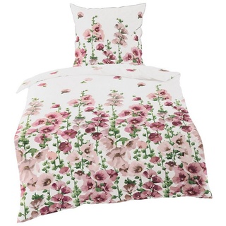 Bettwäsche Baumwolle, Traumschloss, Satin, 3 teilig, mit frischen Blumen in rosa auf weißem Hintergrund 1 St. x 200 cm x 200 cm