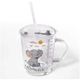 Intirilife Kinderbecher, Glas, Kinder Trinkbecher transparent mit Deckel Strohhalm mit Elefant Design weiß