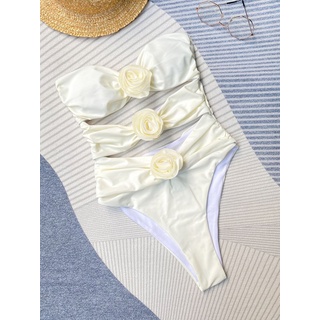 Leap Damen-Badeanzug mit 3D-Blumenapplikationen, trägerlos, ausgeschnitten, gerüscht, Bandeau-Badeanzug - Weiß,L