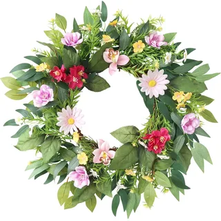 Türkranz Frühling, 50CM Frühlingskranz Frühlingsdeko Kranz Deko mit Blumen Bunte Frühlingskranz Haustür Blumenkranz zum Aufhängen Türkranz Haustür Osterkranz Türkranz Ostern für Frühling (G)