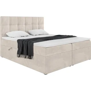 MEBLINI Boxspringbett mit Bettkasten - 200x220 - H3/Beige Samt - KAI - Gepolstert Doppelbett mit Matratze und Topper - Polsterbett mit Stauraum - B... - Beige