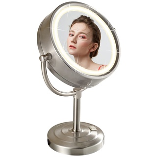 DOWRY Kosmetikspiegel Stehend mit Licht 3 Farben Lichtern Vergrößerungsspiegel 7fach LED Kosmetikspiegel mit Stecker Rasierspiegel mit Vergrößerung Doppelseitiger Spiegel,Ø21.5 cm