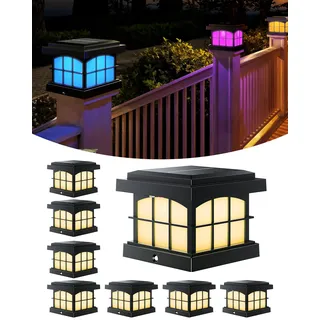ROTTOGOON 8 Stück RGBCW Solar Pfostenleuchte, 9x9 10x10 Pfostenkappen Solar | 9 Farben, Warmweiß, Kaltweiß, RGB, 3 Modi, IP54 Wasserdicht, Holz/Vinyl Pfosten, für Zaunpfosten Gärten Terrassen Veranden