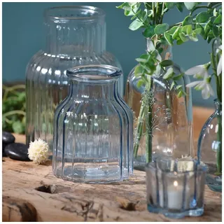 Viana Tischvase Blumenvase Glas Rillen Design Blau Retro Tischdeko Ø11cm, 2 Stück blau
