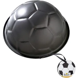 Birkmann, Motivbackform, Fußball, 3D Backform aus Karbonstahl, Ø 22,5 cm, mit Antihaftbeschichtung, Grau, Temperaturbeständig bis 230 °C, mit Rezeptidee, 212220