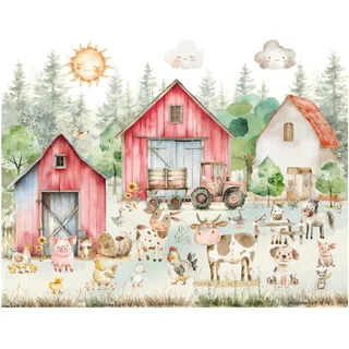 Fototapete Kinderzimmer, Bauernhof, Dorf, Waldtiere Bäume, Ländliche Tiere, Kuh, Pferd, Schaf, Hühner, Tapeten für Kinder Babyzimmer Vlies Tapeten wandtapete Mädchen und Jungen. Tapete nach Maß 1m2