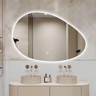 Unregelmäßiger Ovaler Beleuchtet Spiegel, Wand Badezimmerspiegel, Großer Asymmetrisch Schminkspiegel Mit Lichtern, 3-farben LED Verstellbar, Touch-schalter, Wasserdicht, 80x50cm/90x60cm/100x60cm