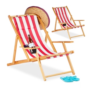 Relaxdays Liegestuhl im 2er Set, Strandliegestuhl mit Getränkehalter Ø 10 cm, Bambus, für Balkon & Garten, klappbar, rot