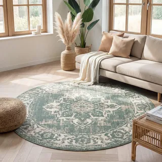 FRAAI | Home & Living Vintage Teppich Rund - Spring Medaillon Grün Creme - Ø 240 cm - Polypropylen - Kurzflor - Vintage - Boho, Orientalisch - Wohnzimmer, Esszimmer, Schlafzimmer