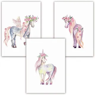 Set aus 3 Wanddekoration Poster, Einhorn und Pferde, DIN A4, fuer Kinderzimmer, fuer Maedchen und Jungen