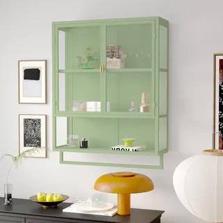 Retro Welle Glastür Wandschrank mit abnehmbaren Regalen, passend für Büros, Esszimmer, Wohnzimmer, Küchen und Badezimmer (B, grün)