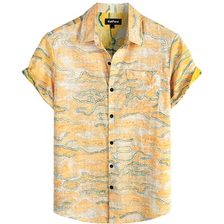 VATPAVE Herren Front Pocket HawaiiHemden Freizeithemden Blumen Kurzarm Knopfleiste Tropische Strandhemden X-Large Gelb