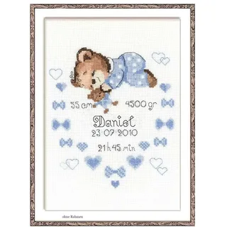 RIOLIS 1124 Geburtsanzeige Junge Zählmuster-Kreuzstich-Set 17.8 x 24.1 cm | Baby Motiv, 14 ct weiß Zweigart Aida, 10 Anchor-Baumwolle Farben, Anfänger bis Mittelstufe, Stickvorlage & Nadel inklusive