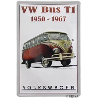 BRISA VW Collection - T1 Bulli Bus Blechschild Vintage Dekoration | Volkswagen Retro Metallschild Wandschild Garage Werkstatt Hobbykeller, Samba/Rot