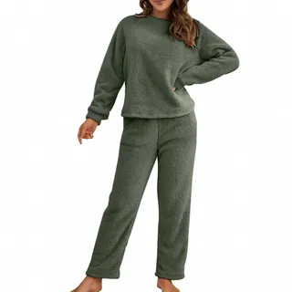 Schlafanzug Pyjama,Damen Winter Warme Fleece Schlafanzug Flauschig Rundhals Sweatshirt Oberteile Einfarbig Plüsche Hose Pyjamas Set,Schlafen Nachtwäsche Zweiteilig mit Taschen,Winter Warm Anzug Set