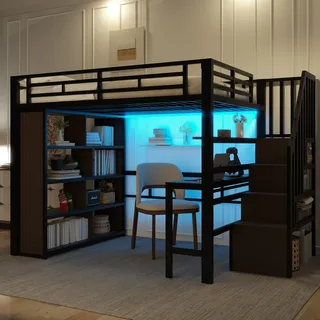 Hochbett, 140 X 200 Cm, Eisenrahmen, Mit Schreibtisch, Ablagefach, Led-lichtleiste, Treppenkonstruktionen Mit Stauraum, Ohne Matratze, Schwarz