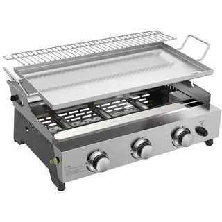 METRO PROFESSIONAL 3-Brenner Tisch Gasgrill mit Plancha Tornada, 61.5 x 32 cm, Edelstahl, silber