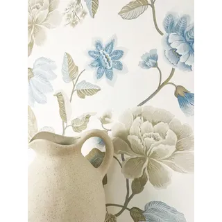 Newroom Vliestapete Viane Blue Tapete Blumentapete Blumen,Rosen,Blätter, Weiß Tapete Floral Blumen - Blumentapete Floral Blau Beige Romantisch 3D Optik Rosen Blätter für Wohnzimmer Schlafzimmer Küche, Rosentapete blau