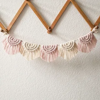 EXQUILEG Makramee Wandbehang Dekoration, 5 Flaggen mit kurzem Quasten, Baumwolle Handgefertiges Textil Fransengirlande Banner für Ihr Zimmer Boho Wanddeko Wandteppich (Rosa)