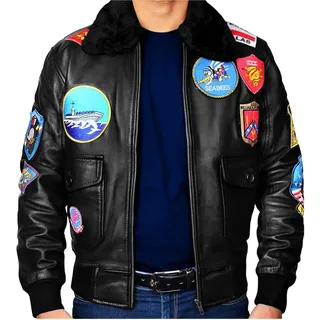 Top Gun-Jacke für Herren, echtes Leder, Fliegerjacke, Fliegerjacke, 2. Weltkrieg Gr. XL, Schwarz - XL