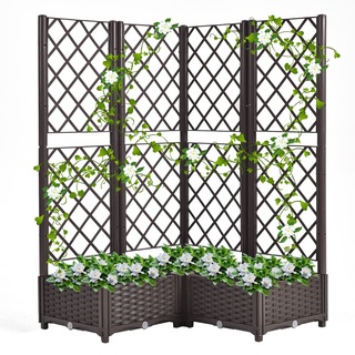 Mingone Rankgitter Hochbeet Pflanzgefäss Blumenkasten mit 3 Pflanzgefäß Wasserspeicher Balkonkasten Rattan Optik für Garten Terrasse 80x80x121cm,Braun