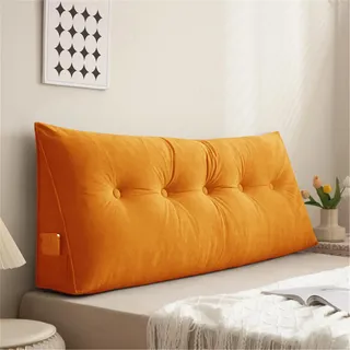 Treer Einfarbig Rückenkissen Lesekissen Keilkissen für Bett Sofa Samt Großes Lendenkissen Rückenlehne Dreieckigen Abnehmbarem Bezug Kopfteilkissen Bettkissen mit Seitenfach (100 * 50 * 20cm,Orange)