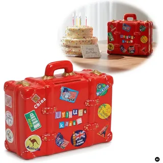 LS-LebenStil Spardose Keramik Sparschwein Reise-Koffer Spruch Urlaubskasse Rot Sparbüchse, (perfekt als Geschenk zum Geburtstag Hochzeit oder Verlobung, Taufe, 1-tlg., 100% von Handbemalt, mit Filzgleiter - keine Kratzer), Exklusives Design, Originelle lustige Sprüche rot 14.00 cm x 17.00 cm x 13.00 cm x 13.00 cm