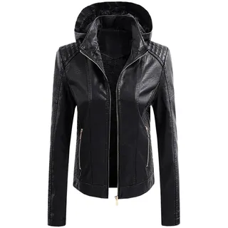 Lederimitat Jacke Damen, Echtleder Kurz mit Kapuze Elegant Leather Jacket Damen-Jacken Herbst Vintage Winter Motorrad Jacke Kunstlederjacke Rot Oversize Lederjacke Bikerjacke