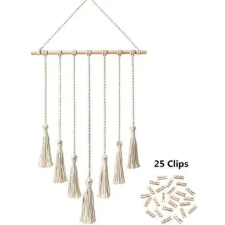 Makramee-fotowandhalterung, Wand-fotoorganizer, Boho-deko Mit 25 Holzclips, Beige