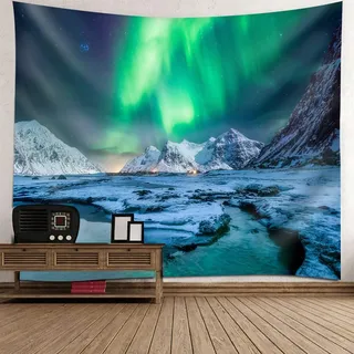 Mesnt Wandteppich Polarlicht, Gletscher, Schneeberge und Polarlichtlandschaft Groß Wanddeko für Schlafzimmer Wohnzimmer Wohnheim, 350x256cm