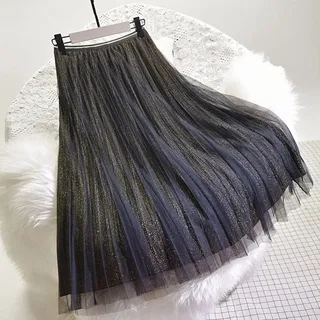 ZJMIYJ Röcke Rock Für Damen - Hohe Taille Pliss Schwarz Gold Midi Röcke Tüll Rock Damen Lässig Elastischen Sommer Herbst Damen Mode Kleidung Für Damen Frühling Gestreckt Unten