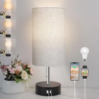 ROTTOGOON Nachttischlampe, Tischlampe mit USB A & C Ladefunktion, Otmeal