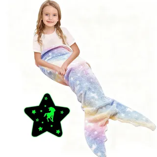 Ranedo Meerjungfrauenflosse Mädchen, Im Dunkeln leuchtende Einhorn Decke Meerjungfrau Decke, weiche Flanelldecke für Mädchen, tragbare Kuscheldecke für Kinder & Teens, 140 × 60 cm Lila