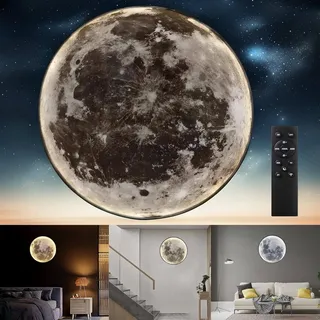 LED Mond Wandleuchte Modern Dimmbar mit Fernbedienung Wandlampe Mond Nachtlampe Runde Dekoration Lampe Ultra dünn Acryl Lampenschirm Nachttischleuchte für Kinderzimmer Schlafzimmer Wohnzimmer,60cm