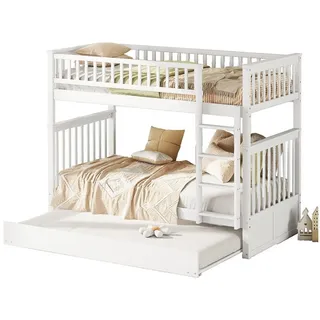OKWISH Etagenbett Kinderbetten Dreierbetten mit Ausziehbett Hohe Geländer Stabile Treppe (90*200cm), ohne Matratze weiß